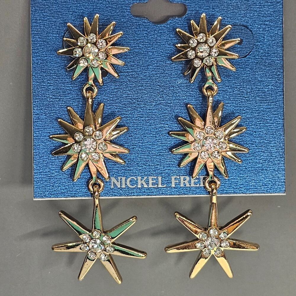 Sensitive Ears Triple Starburst Drop Earring Rhinestone Goldtone Nickel Free NEW